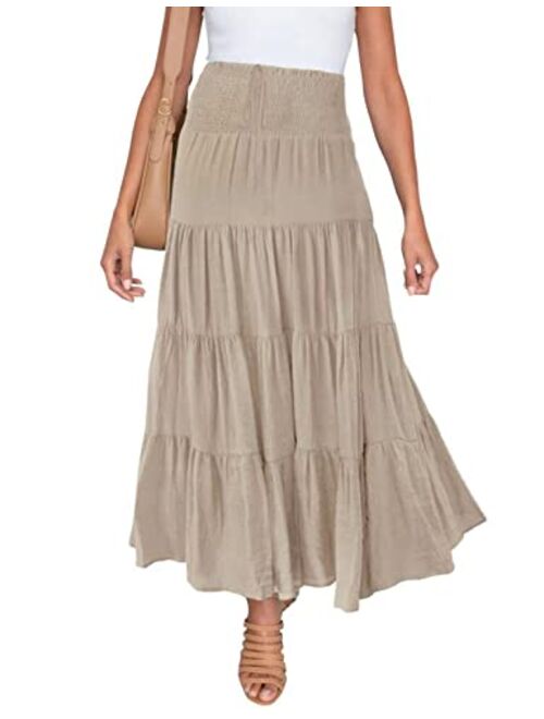 HAEOF Women's Summer Elastic High Waist Boho Maxi Skirt Casual Drawstring A Line Long Skirt