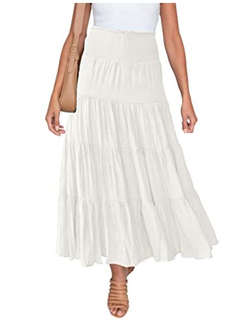 HAEOF Women's Summer Elastic High Waist Boho Maxi Skirt Casual Drawstring A Line Long Skirt