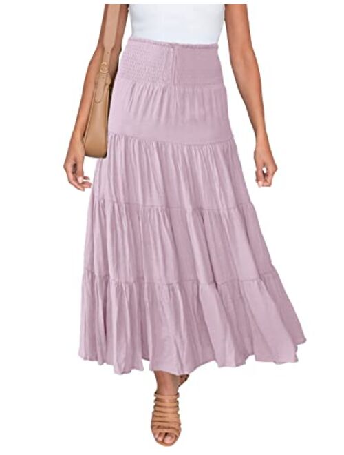 HAEOF Women's Summer Elastic High Waist Boho Maxi Skirt Casual Drawstring A Line Long Skirt