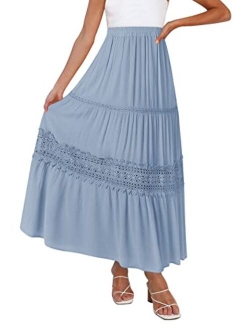 Women's Boho Elastic High Waist Pleated A-line Ruffle Lace Trim Tiered Midi Maxi Skirt with Pockets