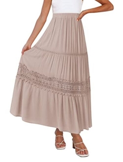 Women's Boho Elastic High Waist Pleated A-line Ruffle Lace Trim Tiered Midi Maxi Skirt with Pockets