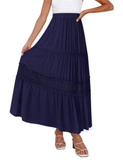 Women's Boho Elastic High Waist Pleated A-line Ruffle Lace Trim Tiered Midi Maxi Skirt with Pockets