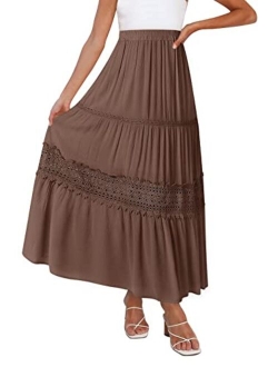 Women's Boho Elastic High Waist Pleated A-line Ruffle Lace Trim Tiered Midi Maxi Skirt with Pockets