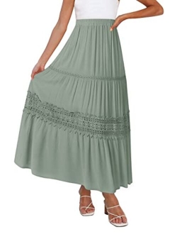 Women's Boho Elastic High Waist Pleated A-line Ruffle Lace Trim Tiered Midi Maxi Skirt with Pockets