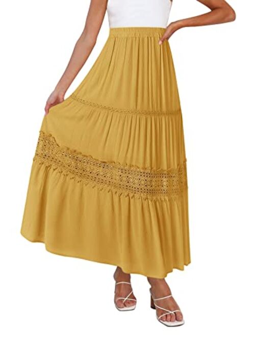 MEROKEETY Women's Boho Elastic High Waist Pleated A-line Ruffle Lace Trim Tiered Midi Maxi Skirt with Pockets