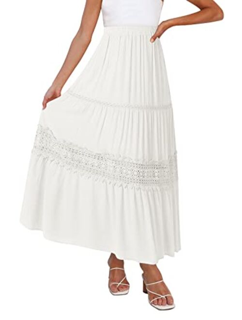 MEROKEETY Women's Boho Elastic High Waist Pleated A-line Ruffle Lace Trim Tiered Midi Maxi Skirt with Pockets