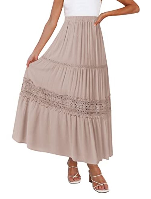 MEROKEETY Women's Boho Elastic High Waist Pleated A-line Ruffle Lace Trim Tiered Midi Maxi Skirt with Pockets