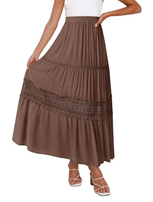 MEROKEETY Women's Boho Elastic High Waist Pleated A-line Ruffle Lace Trim Tiered Midi Maxi Skirt with Pockets