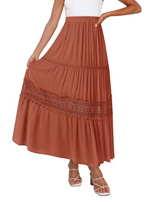 MEROKEETY Women's Boho Elastic High Waist Pleated A-line Ruffle Lace Trim Tiered Midi Maxi Skirt with Pockets