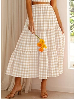 Women's Summer Plaid Elastic High Waist Flowy A Line Maxi Skirt with Pockets