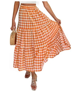 Women's Summer Plaid Elastic High Waist Flowy A Line Maxi Skirt with Pockets