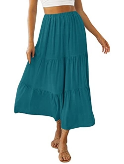 Women's Summer Plaid Elastic High Waist Flowy A Line Maxi Skirt with Pockets