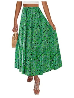 Women's Summer Plaid Elastic High Waist Flowy A Line Maxi Skirt with Pockets