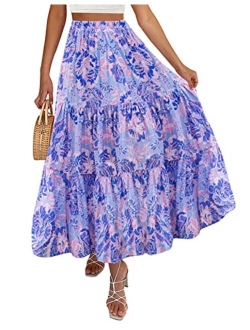 Women's Summer Plaid Elastic High Waist Flowy A Line Maxi Skirt with Pockets