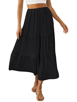 Women's Summer Plaid Elastic High Waist Flowy A Line Maxi Skirt with Pockets