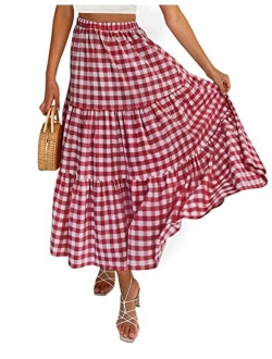 Women's Summer Plaid Elastic High Waist Flowy A Line Maxi Skirt with Pockets