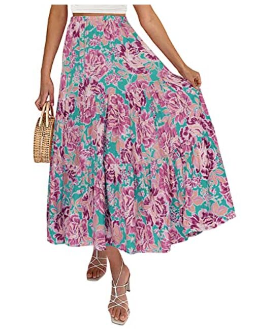 ZESICA Women's Summer Plaid Elastic High Waist Flowy A Line Maxi Skirt with Pockets