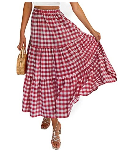 ZESICA Women's Summer Plaid Elastic High Waist Flowy A Line Maxi Skirt with Pockets