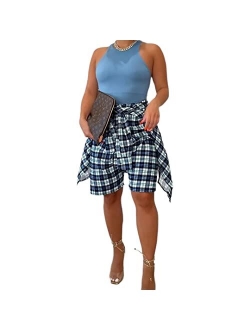 Cosehina28 Skirts for Women Plaid High Elastic Waisted Summer Casual Knot Front Asymmetrical Hem A-Line Mini Short Pleated Skirt