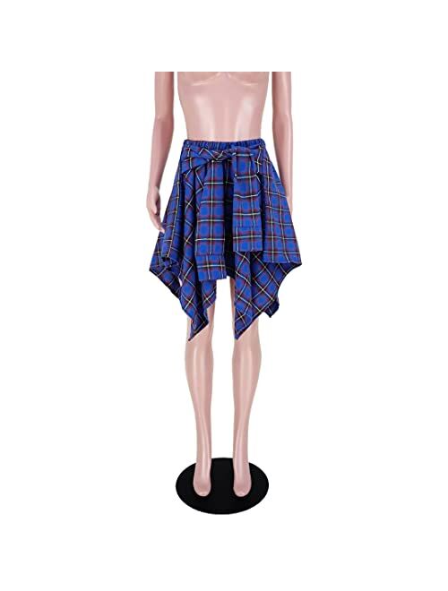 Cosehina28 Skirts for Women Plaid High Elastic Waisted Summer Casual Knot Front Asymmetrical Hem A-Line Mini Short Pleated Skirt