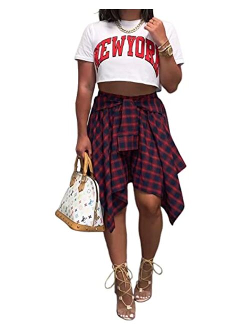 Cosehina28 Skirts for Women Plaid High Elastic Waisted Summer Casual Knot Front Asymmetrical Hem A-Line Mini Short Pleated Skirt