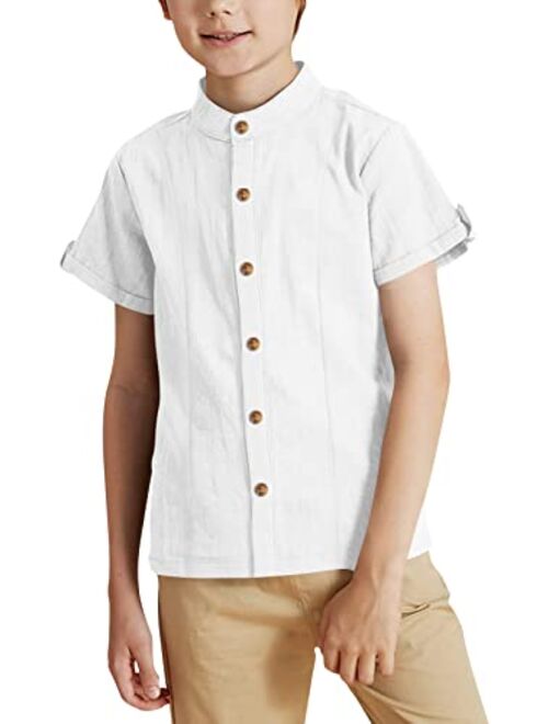 Ryannology Boys Toddler Short Sleeve Button Down Shirt Linen Summer Dress Shirt Kids Casual T Shirts Tee Cotton Collar Tops