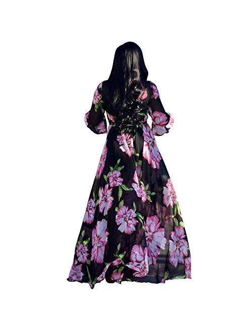 Nuofengkudu Womens Chiffon Deep V-Neck Stripe Printed Maxi Dress Unique Loose Summer Boho Dresses High Waiste(S-5XL)