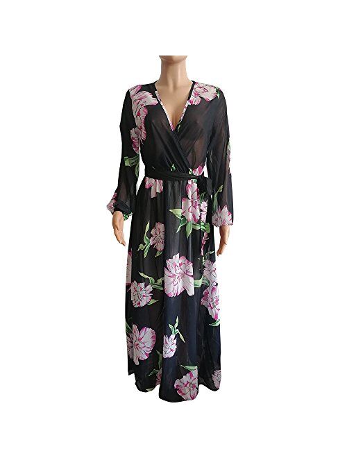 Nuofengkudu Womens Chiffon Deep V-Neck Stripe Printed Maxi Dress Unique Loose Summer Boho Dresses High Waiste(S-5XL)