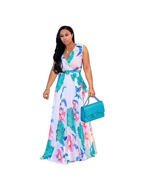 Nuofengkudu Womens Chiffon Deep V-Neck Stripe Printed Maxi Dress Unique Loose Summer Boho Dresses High Waiste(S-5XL)