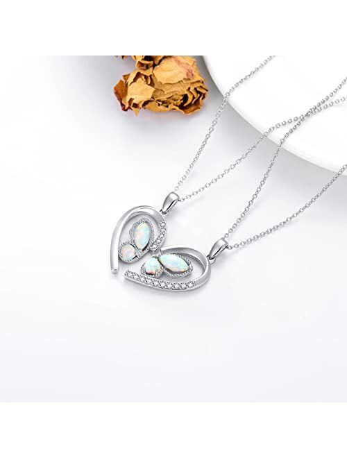 DIYA Sister Necklaces Necklaces for 2 Sterling Silver Heart Butterfly Moissanite Necklace with Opal Twin Sorority Heart Halves Matching, Sister Necklace Set Birthday Jewe