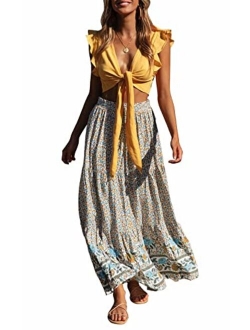 SimpleFun Women's Skirts Boho Floral Printed Elastic High Waist A Line Maxi Skirt with Pockets