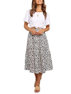 SimpleFun Women's Skirts Boho Floral Printed Elastic High Waist A Line Maxi Skirt with Pockets