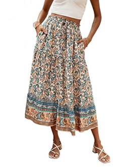 SimpleFun Women's Skirts Boho Floral Printed Elastic High Waist A Line Maxi Skirt with Pockets