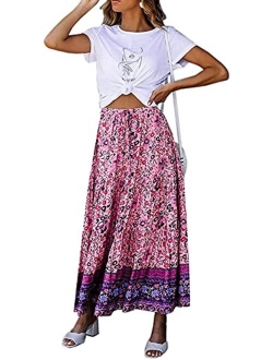 SimpleFun Women's Skirts Boho Floral Printed Elastic High Waist A Line Maxi Skirt with Pockets