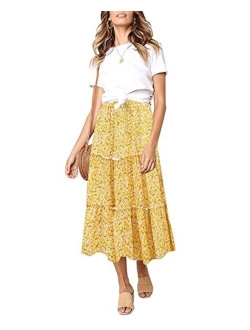 SimpleFun Women's Skirts Boho Floral Printed Elastic High Waist A Line Maxi Skirt with Pockets