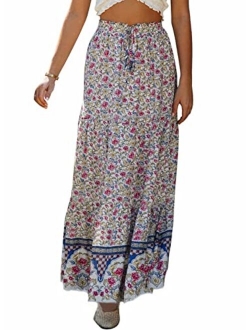 SimpleFun Women's Skirts Boho Floral Printed Elastic High Waist A Line Maxi Skirt with Pockets