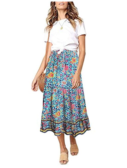 SimpleFun Women's Skirts Boho Floral Printed Elastic High Waist A Line Maxi Skirt with Pockets