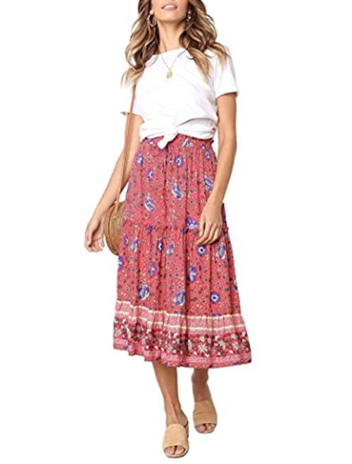 SimpleFun Women's Skirts Boho Floral Printed Elastic High Waist A Line Maxi Skirt with Pockets