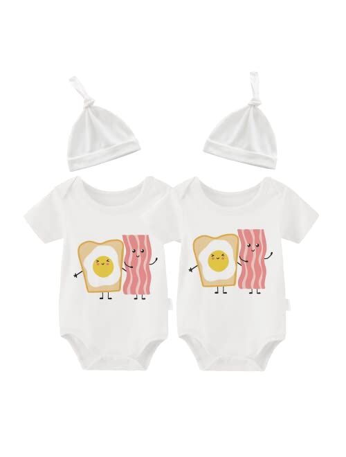 YSCULBUTOL Baby Twin Bodysuit Perfect Together Romper Best Friend Bacon Eggs Twins Set Double Baby Twin Outfit