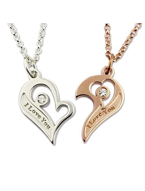 Getname Necklace Custom Engraved Heart Pendant Necklace for Couples Sterling Silver - Matching Love Heart Necklaces for Him and Her - Couple Necklace Set with Birthstone 