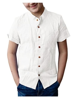 Bbalizko Boys Cotton Linen Short Sleeve Mandarin Collar Shirt Button Down Woven Solid T Shirt