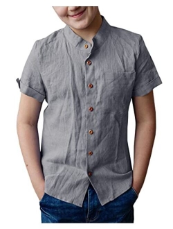 Bbalizko Boys Cotton Linen Short Sleeve Mandarin Collar Shirt Button Down Woven Solid T Shirt