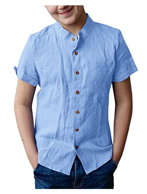 Bbalizko Boys Cotton Linen Short Sleeve Mandarin Collar Shirt Button Down Woven Solid T Shirt