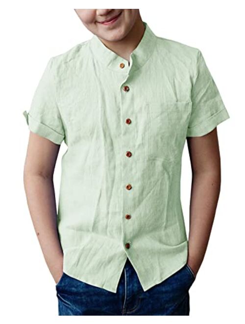 Bbalizko Boys Cotton Linen Short Sleeve Mandarin Collar Shirt Button Down Woven Solid T Shirt