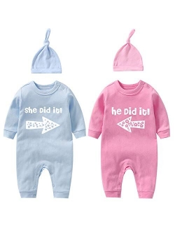 YSCULBUTOL Baby Twins Bodysuits He/She Did It Twin Outfit Girl Romper With Hat Set