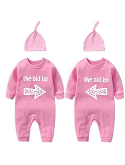 YSCULBUTOL Baby Twins Bodysuits He/She Did It Twin Outfit Girl Romper With Hat Set