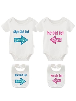 YSCULBUTOL Baby Twins Bodysuits He/She Did It Twin Outfit Girl Romper With Hat Set