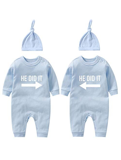 YSCULBUTOL Baby Twins Bodysuits He/She Did It Twin Outfit Girl Romper With Hat Set