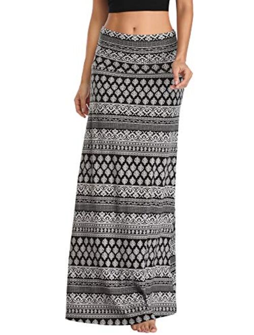 EXCHIC Women's Bohemian Style Print/Solid Elastic Waist Long Maxi Skirt