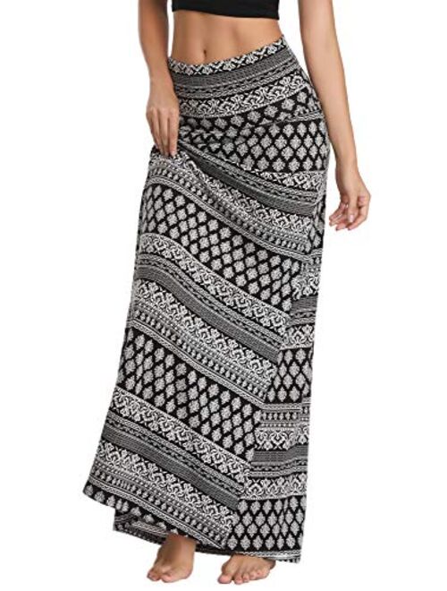 EXCHIC Women's Bohemian Style Print/Solid Elastic Waist Long Maxi Skirt